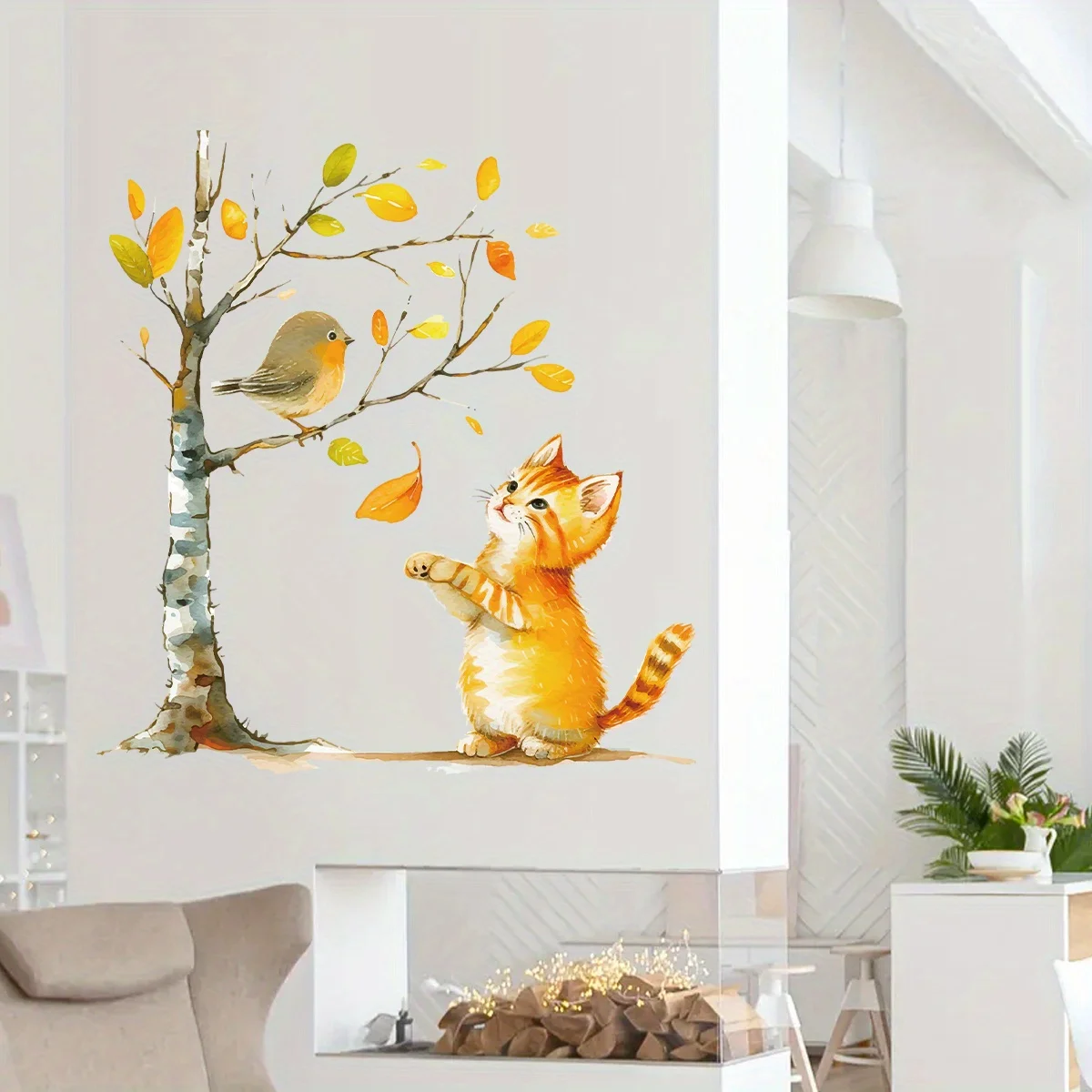 1Pc Watercolor Cute Cat Tree Furniture Wall Stickers Removable for Bedroom Decoration Living Room Kids Room Decor Wall Decals