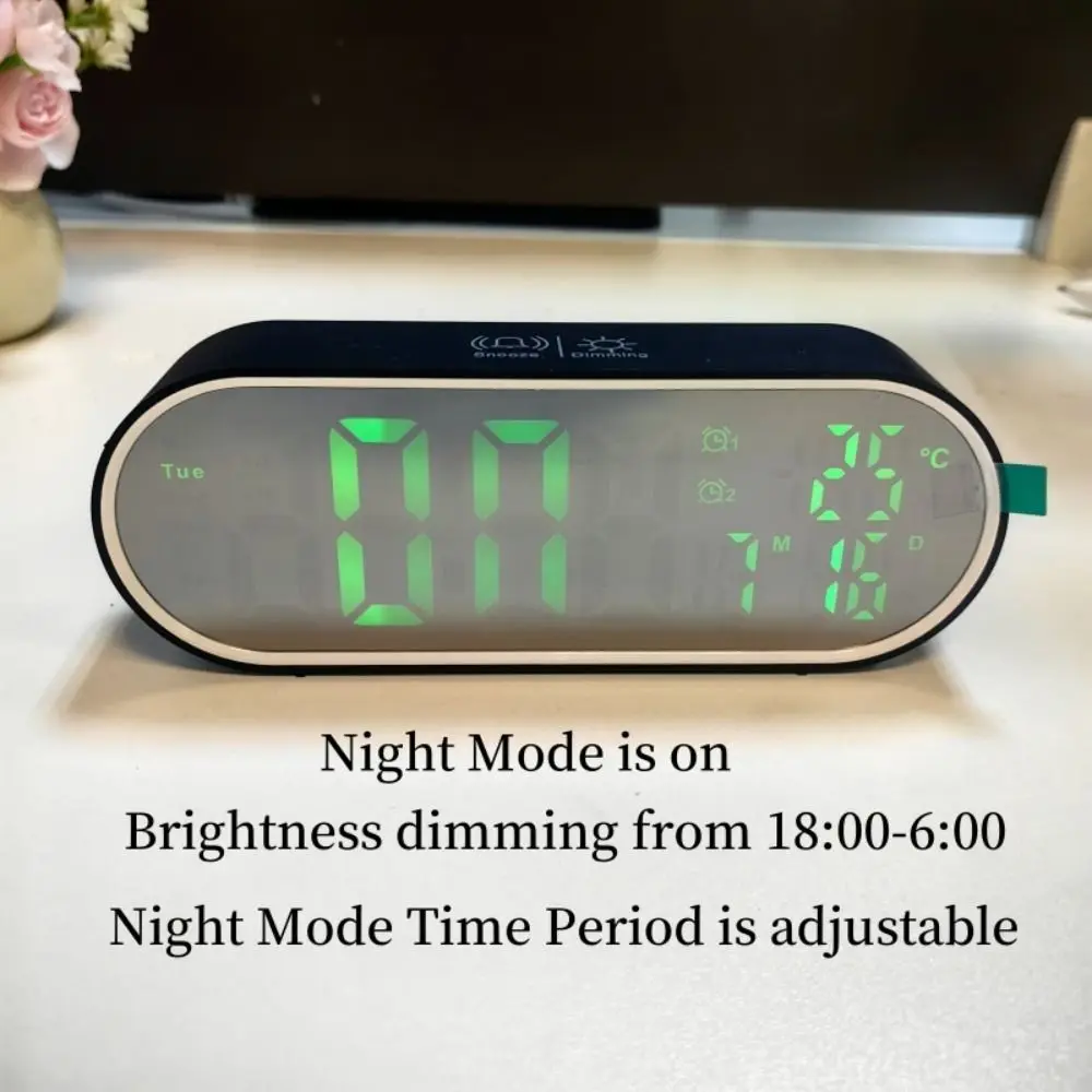 Modern Rechargeable Digital Clock 2 Night Mode 12/24H LED Mirror Clock TEMP Date Week Anti-disturb Alarm Clock