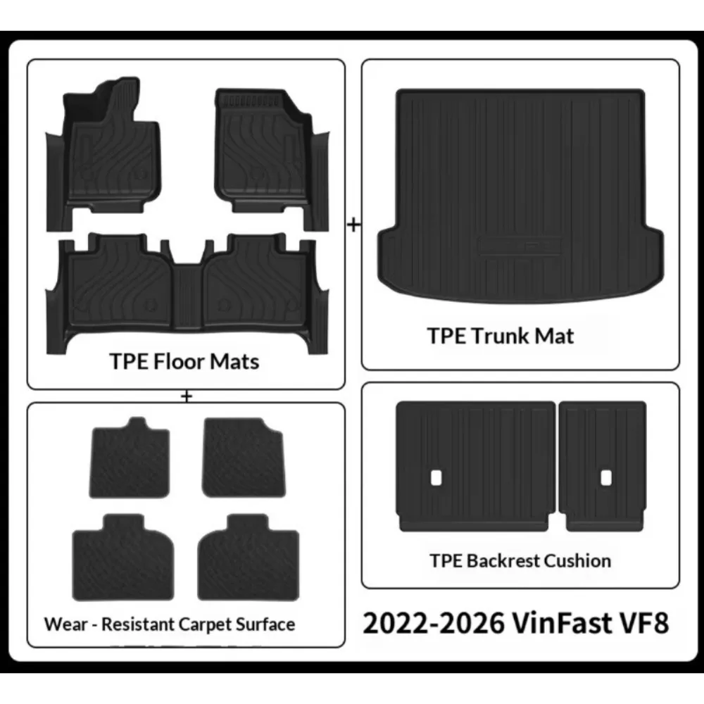 Applicable for 2022-2026 VinFast VF8 door sill car mats, TPE eco-friendly trunk mat, and backrest mat