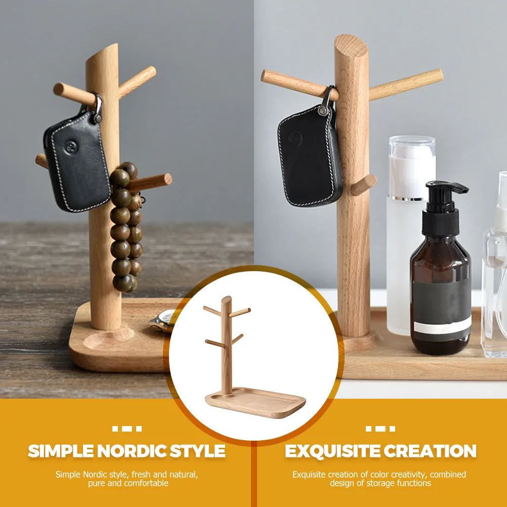 

Natural Wood Jewelry Tray Stand Organizer for Home Office Entryway Displaying Necklaces Earrings Rings Keys Trinkets Decorative