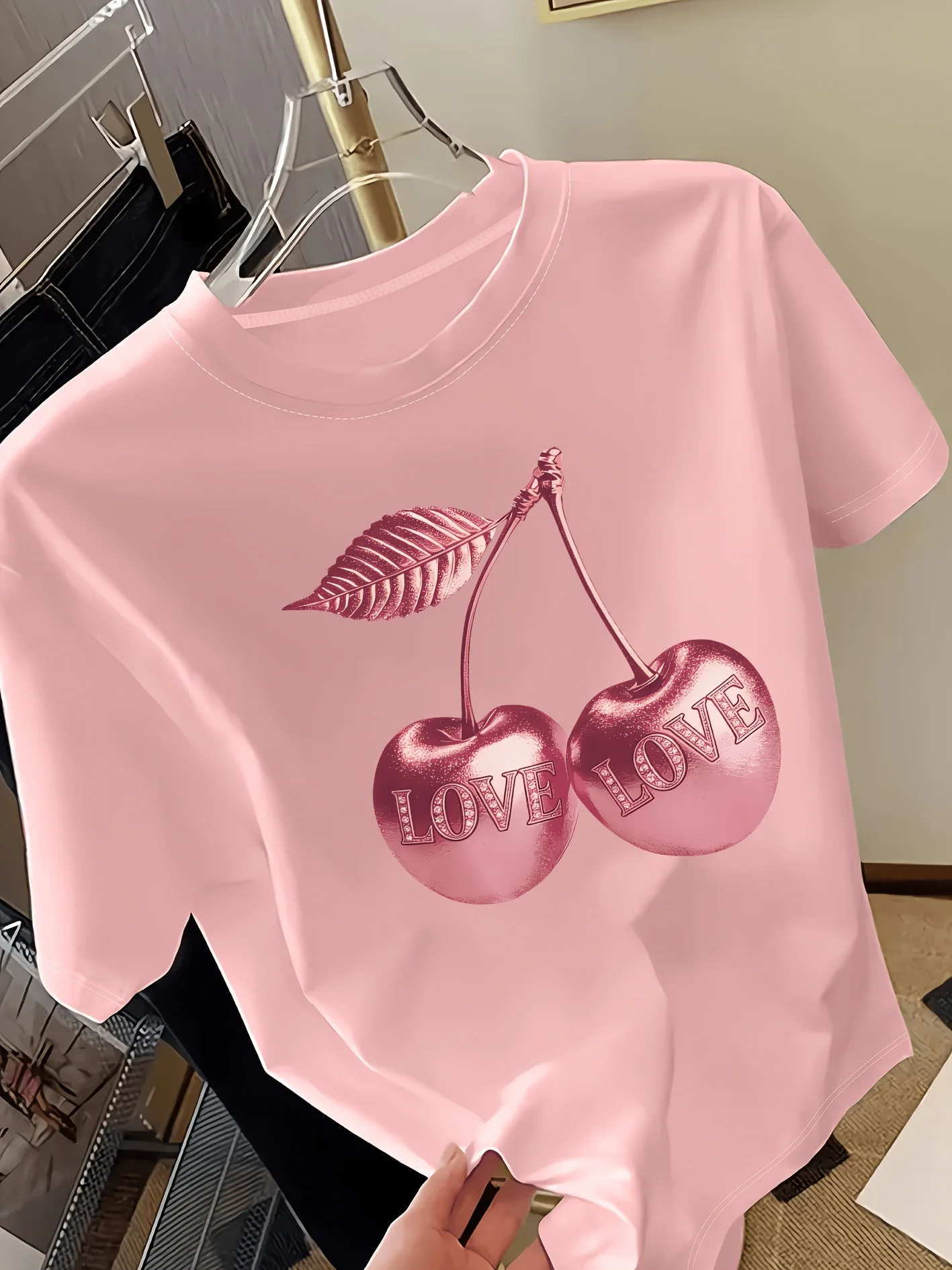 Golden Cherry Print Women's Short Sleeve T-Shirt Fashionable Casual Tops Noble Feel Versatile Daily Wear Fashion T Shirt Clothes