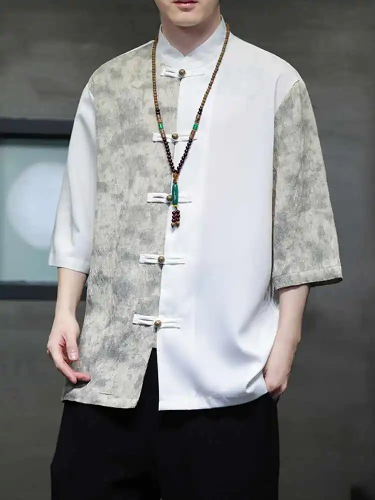 

Ice Silk ort Sve irt Men's Summer Thin High-End Feeling Button up Top New Chinese Sle Hanfu Loose Fit Youth Faion