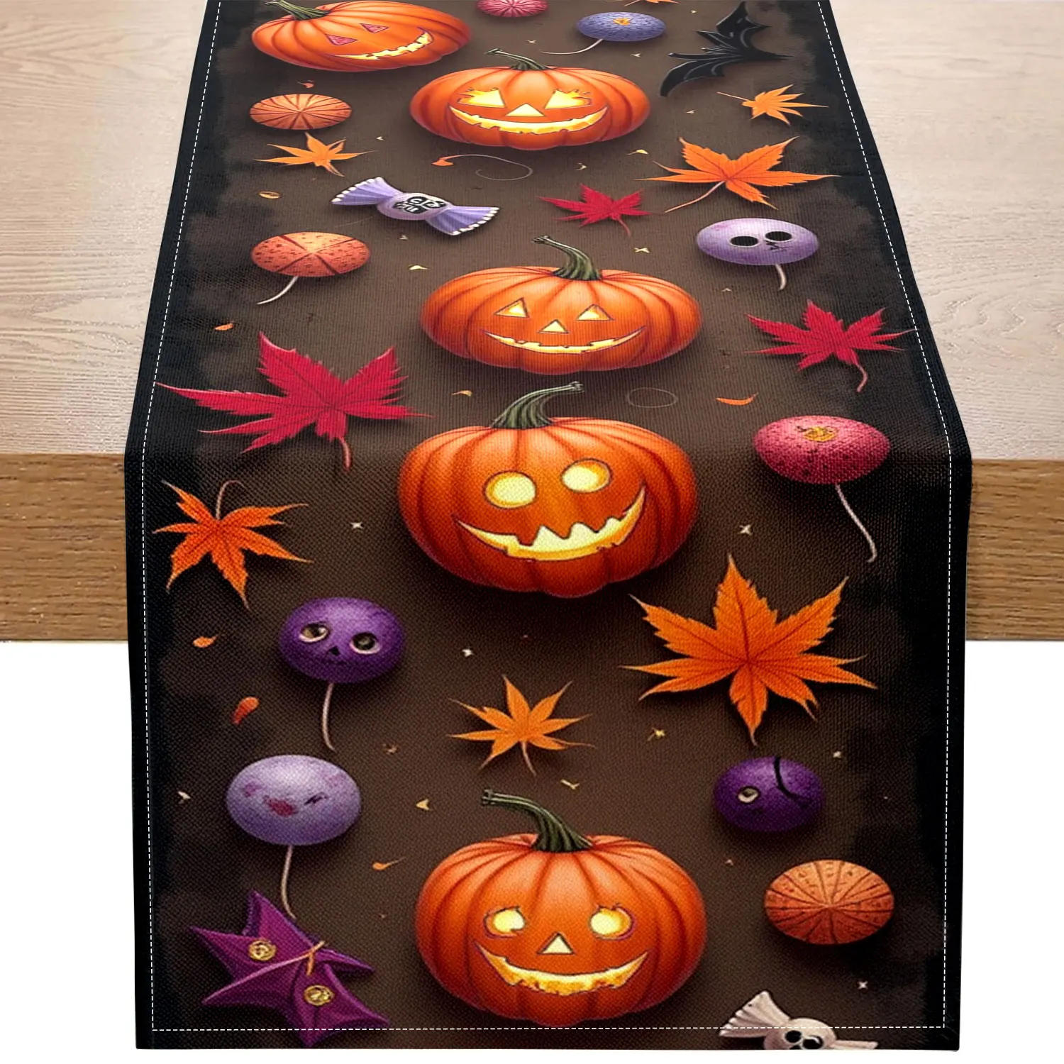 1 Halloween-Themed Table Runner with Patterns of Pumpkins, Maple Leaves, Purple Skulls, Ghosts, Etc., Suitable for Halloween Parties and Holiday Decorations