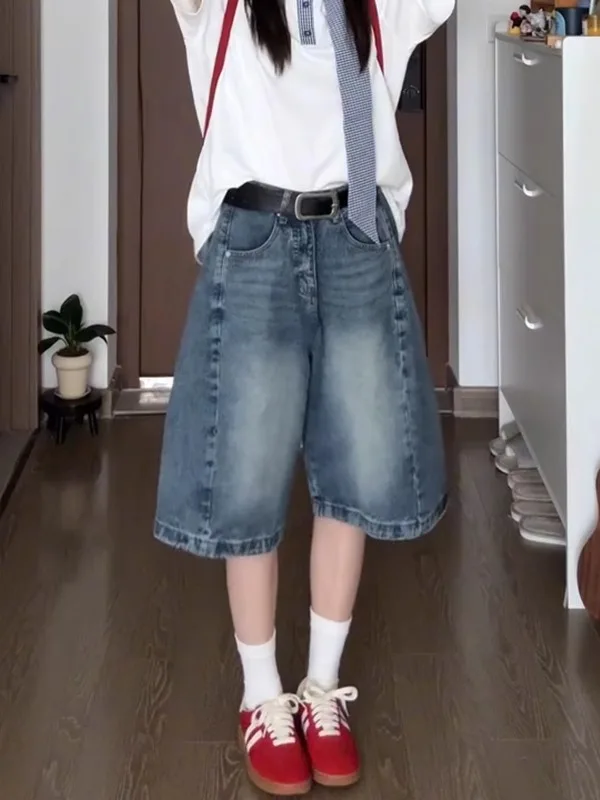 orts de cintura alta com pernas largas de cinco polegadas, calças jeans fenas de verão com corte reto e design solto, c...