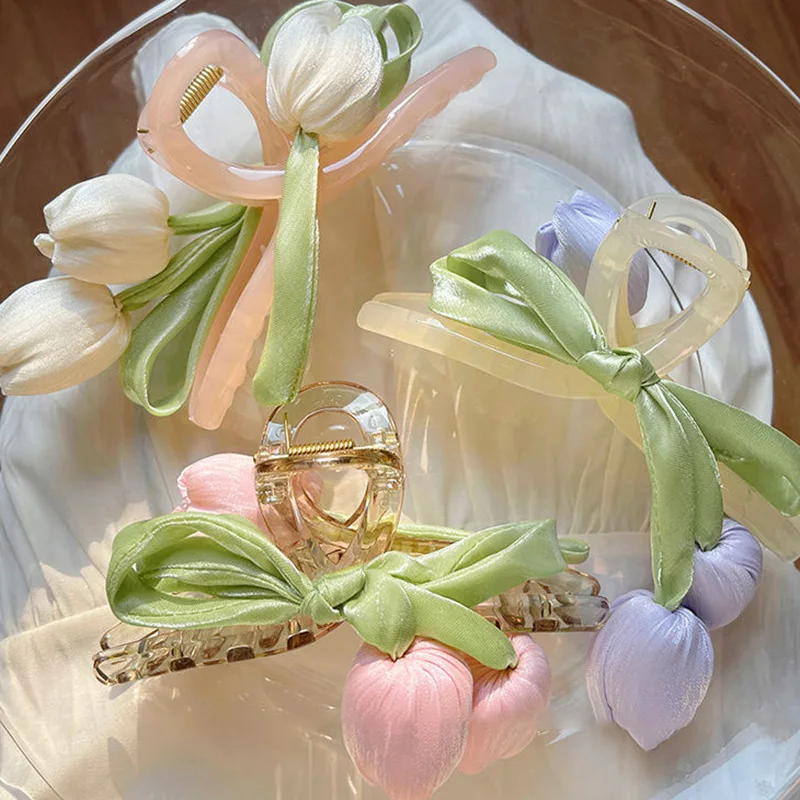 Fabric Mesh Tulip Flowers Hairpin Women High-end Temperament Hair Claws Fashionable Scratching Hair Accessories Wholesale