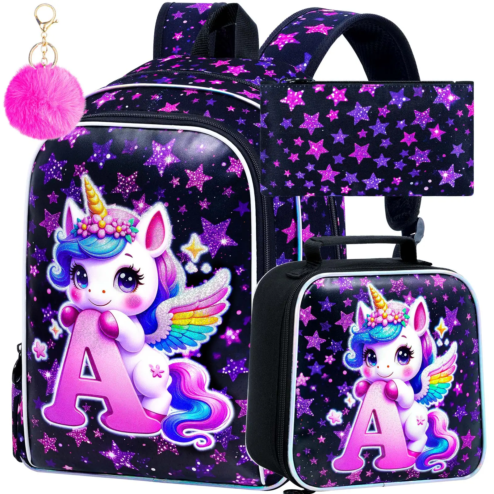 

3PCS Unicorn Backpack for Girls, 16" Kids Backpacks for Girl Water Resistant Preschool, Elementary Bookbag with Lunch Box