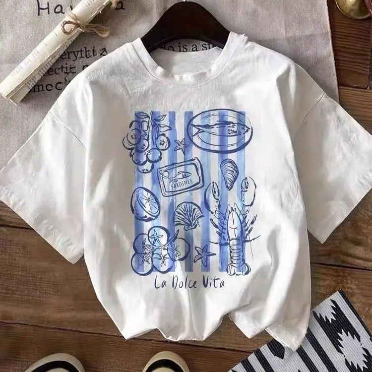 American Retro Vintage Summer Seaside Vacation Fruit Seafood Print INS Harajuku Hip-Hop 100% Cotton Loose Women's T-shirt