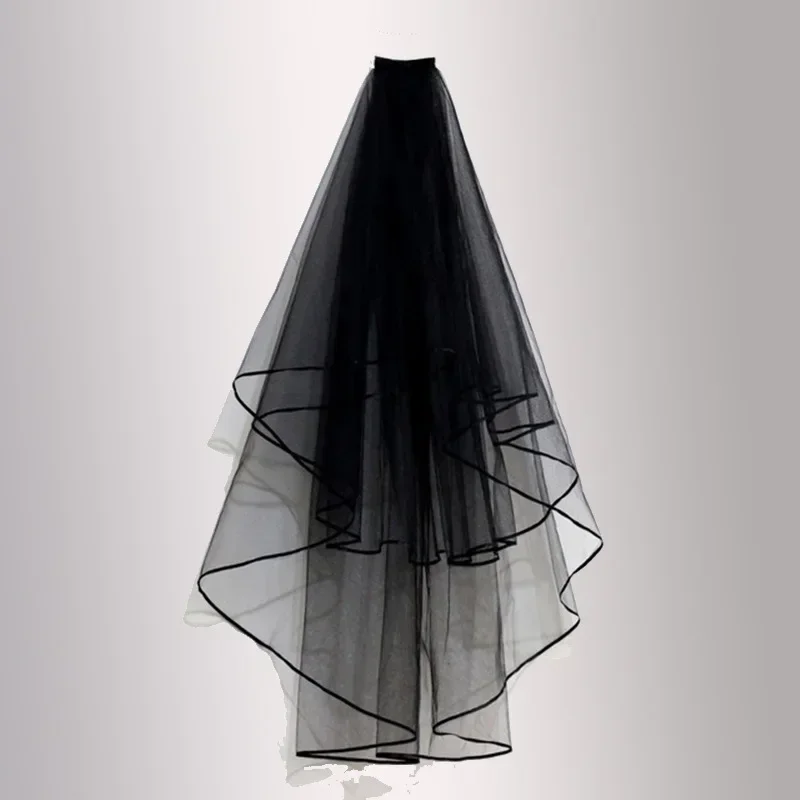 Elegant Black Wedding Veil with Ribbon Edge Short Bridal Woman Veils Comb for Costume Accessory