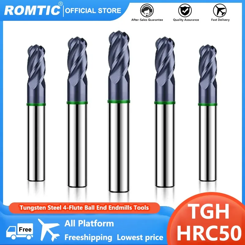 

ROMTIC TGH-HRC50 Tungsten Steel Carbide For Steel Milling Cutter 4F Color-Ring Coating CNC Mechanical Ball End Endmills Tools