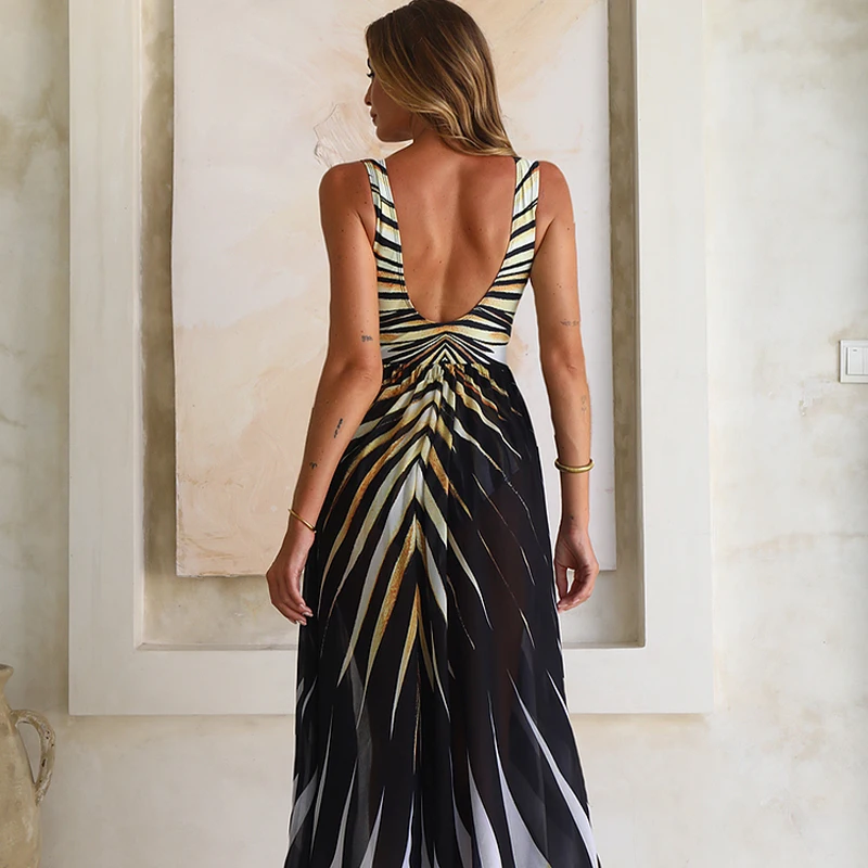 2025 nueva moda mujer cuello pico estampado de rayas de tigre traje de baño de una pieza falda verano ahueca hacia fuera vestidos de vacaciones sin espalda traje de baño