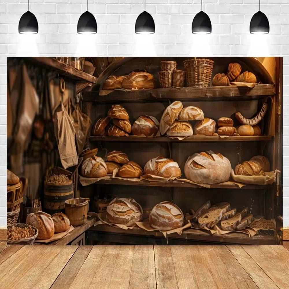 Fresh Handmade Bakery Baking Theme Backdrop Variety of Breads Grains Wooden Tabletop Portrait Party Home Decor Photo Background