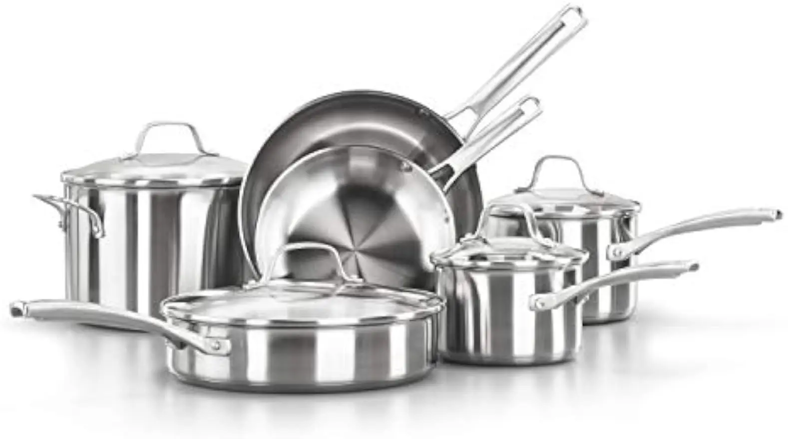 10 Piece Classic Stainless Steel Cookware Set Impact Bonded Aluminum Base Stay Cool Handles Oven Safe 450F Silver