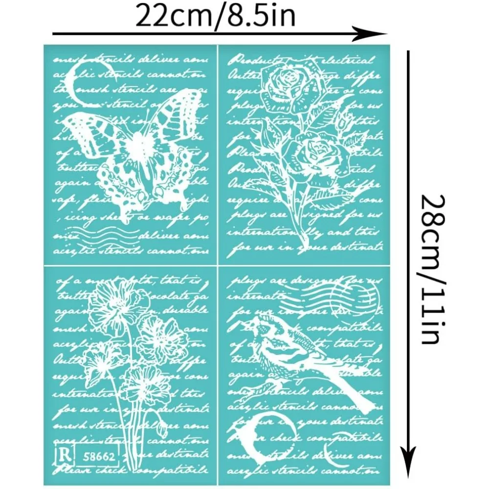 2Pcs 8.6x11 Inch Writing Pattern Self-Adhesive Silk Screen Printing Stencil Rose Butterfly Silk Screen Stencil Bird Poppy