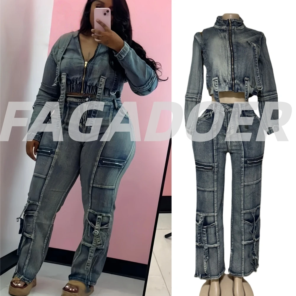 

FAGADOER Fashion Pocket Patchwork 2 Pieces Set for Woman Outfit Solid Color Long Sleeve Top and Pants Matching Female Streetwear