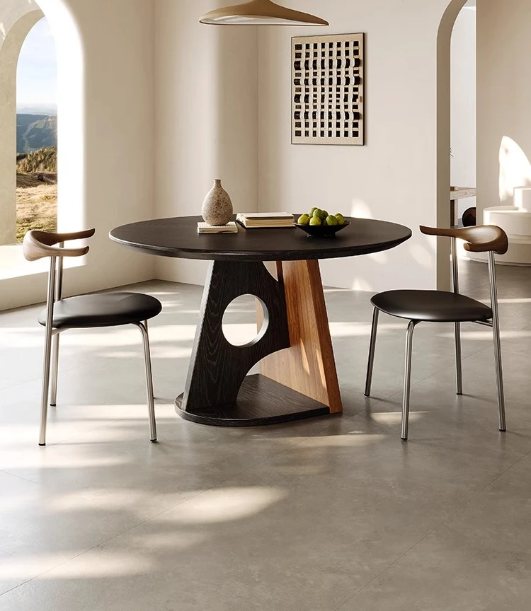

French retro round dining table small apartment designer medium and ancient style solid wood creative round table