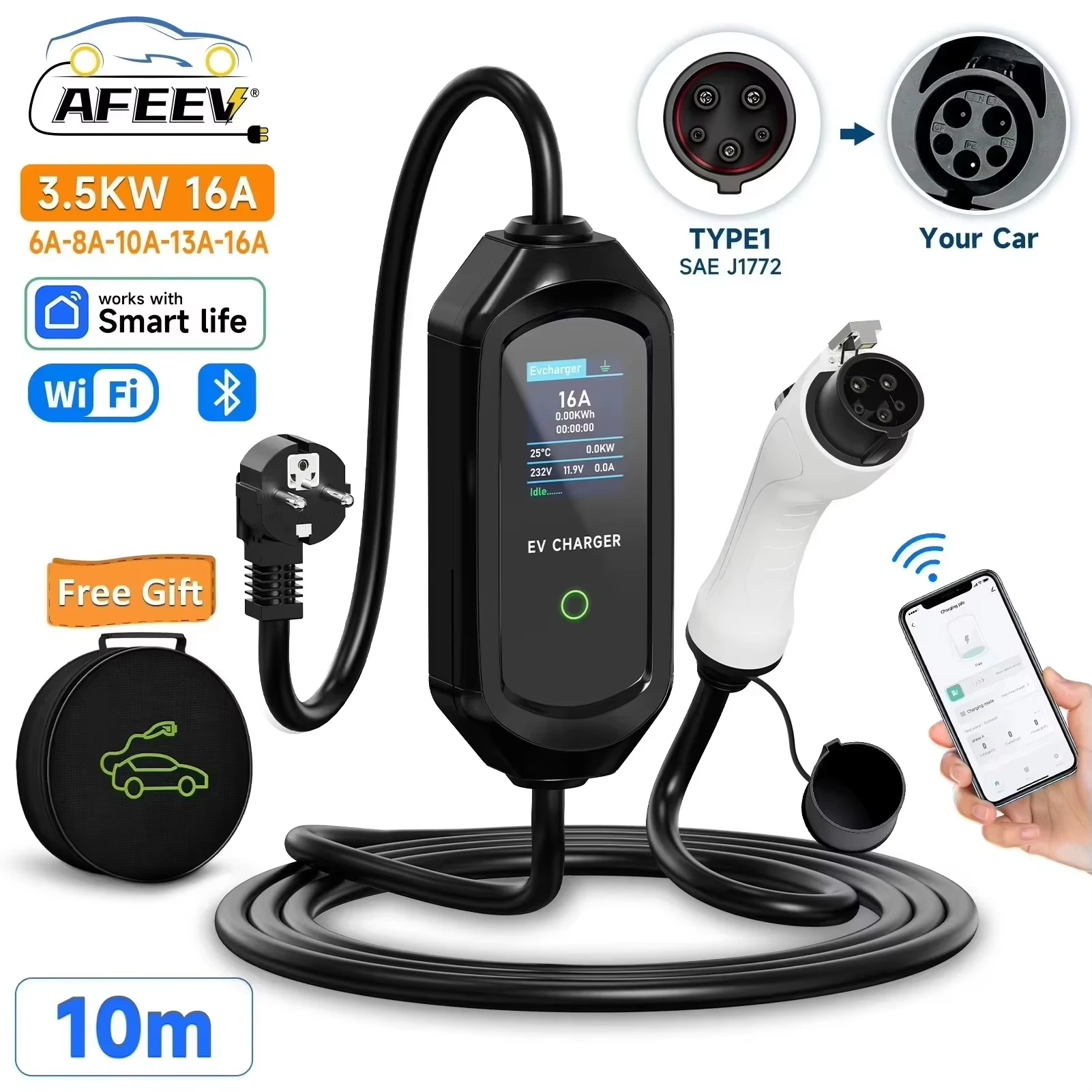 AFEEV Draagbare EV-oplader Type2 IEC62196-2 EVSE Snelle oplaadkabel Type1 SAE J1772 Wallbox WiFi APP Bluetooth Draadloze bediening