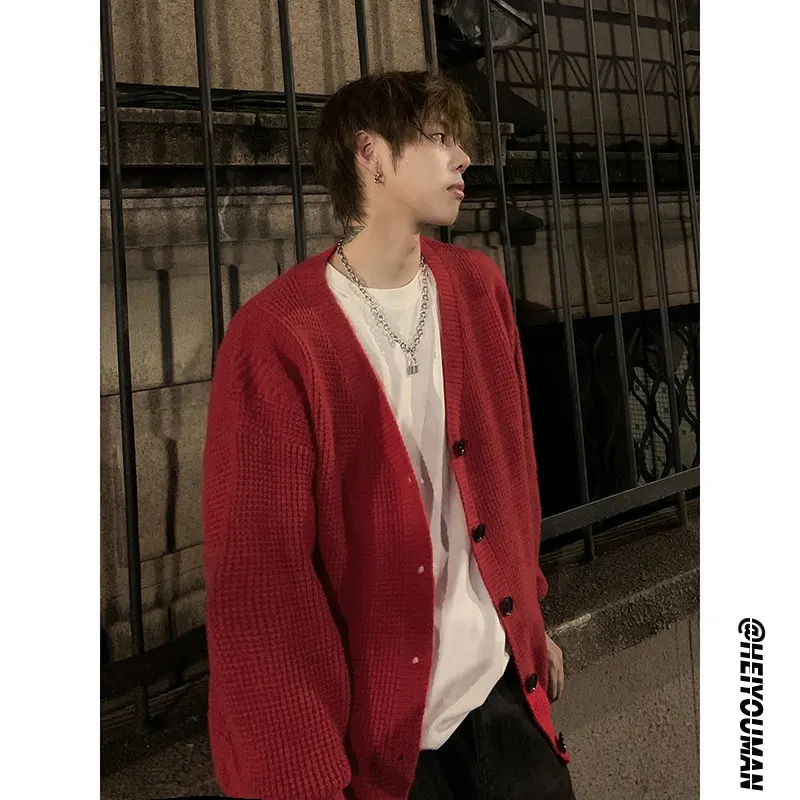 

Свободный крой, вязаный кардиган с V-образным вырезом, мужской красный свитер, джет, американский ретро, повседневный удобный трикотаж, осенняя мода