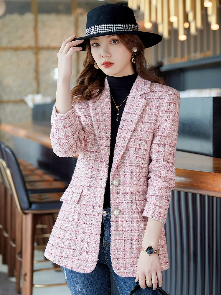 

White Pink Plaid Blazer Women Jacket Business Wear Casual Suit Female Tops Autumn Spring Long Sleeve Woolen Blazer Ladies Coat