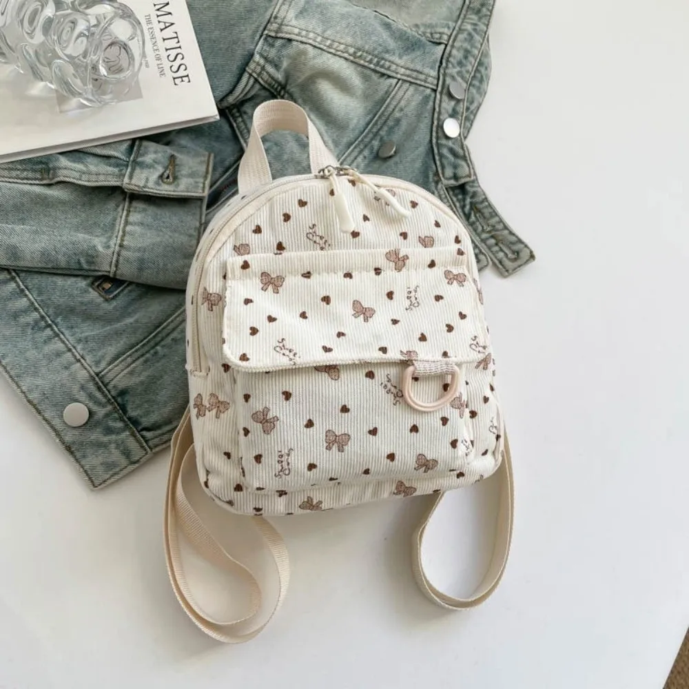 Casual Adjustable Shoulder Strap Crossbody Bag Bow Pattern Lightweight Mini Rucksack Corduroy Travel Backpack Women