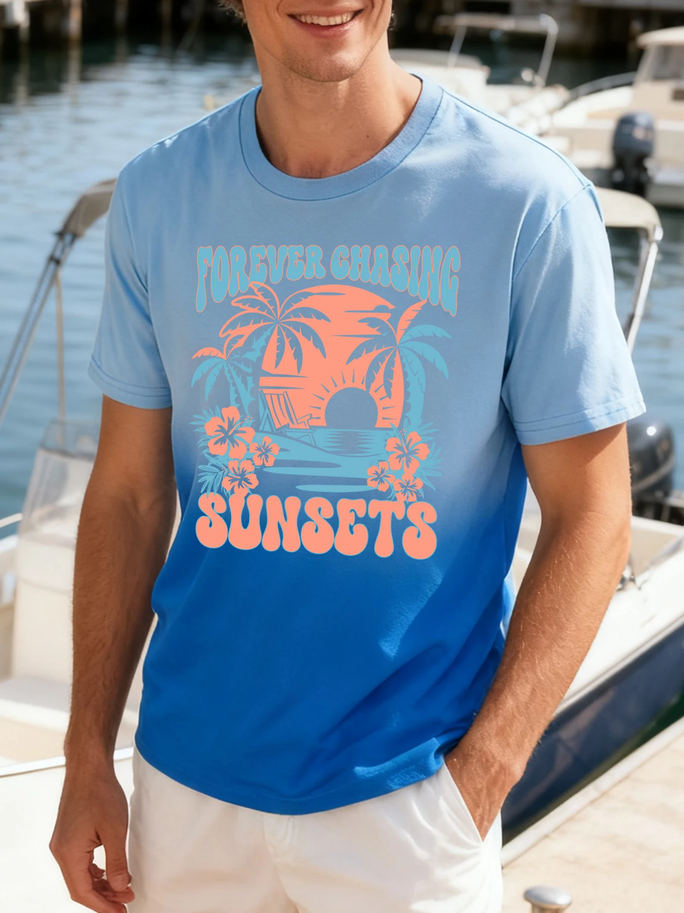 

Forever Chasing Sunsets Beach Coconut Tree Pattern Tie-Dye Спортивная футболка Мужская повседневная хлопковая футболка Модная летняя футболка с коротким рукавом