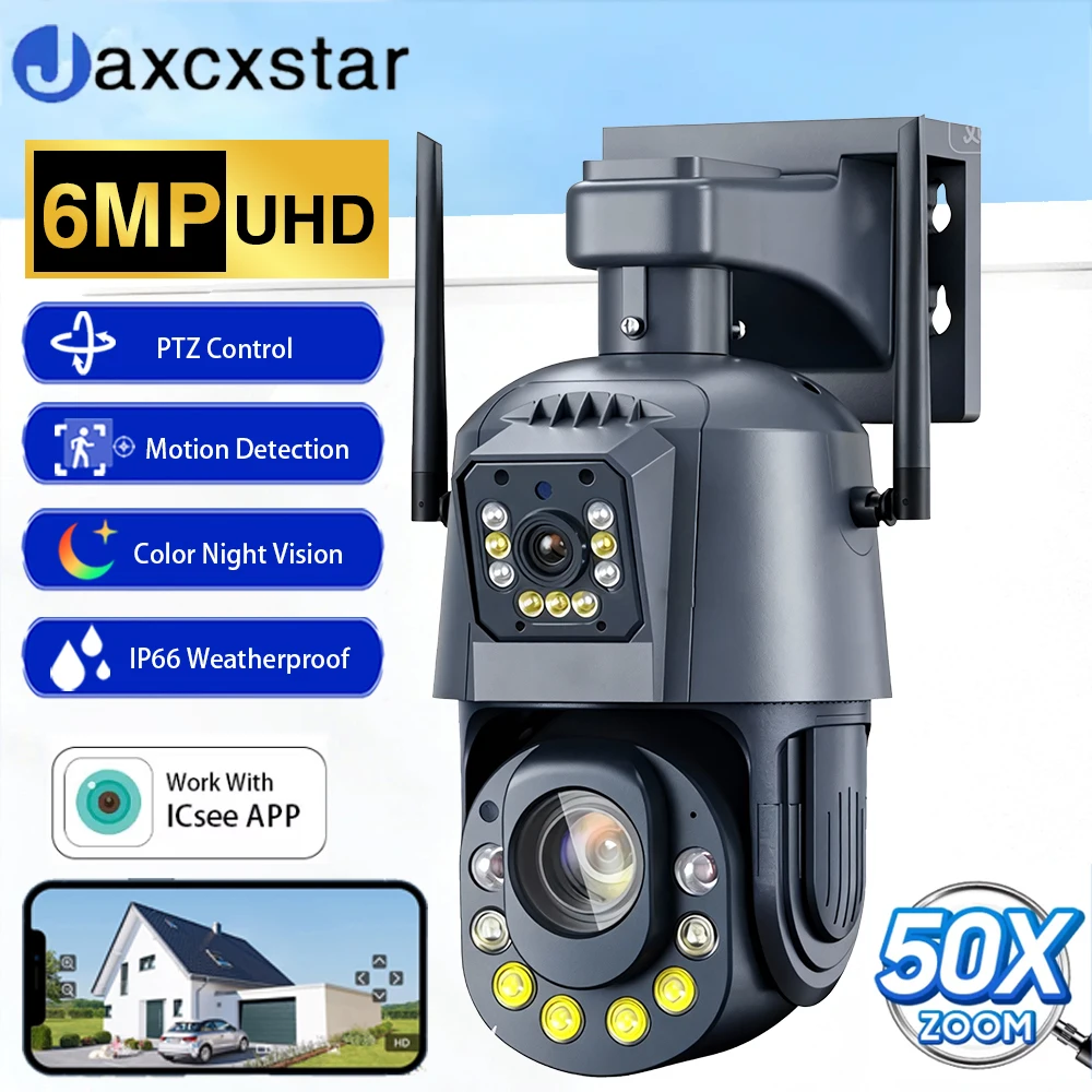 

6MP 3K двойной объектив Wi-Fi PTZ камера безопасности уличная 50-кратный оптический зум обнаружение человека цветная камера ночного видения видеонаблюдения