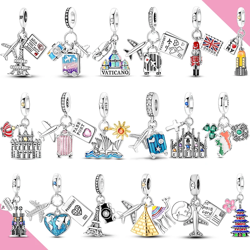 925 Sterling Silver Pendant Charms Travel Plane Eiffel Tower America England Greece Fit Original Bracelet DIY Jewelry For Woman