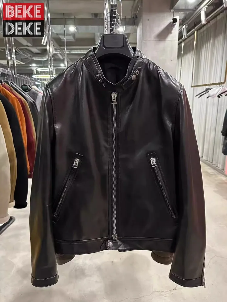 Top Quality Luxury Genuine Suede Mens Jacket Natural Sheepskin Stand Collar Zip Slim Fit Business Casual Winter Motorcycle Coat