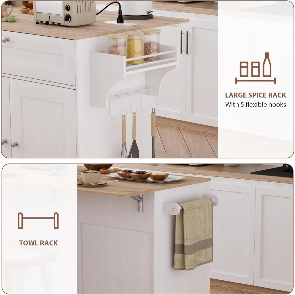 جزيرة مطبخ متنقلة مع طاقة مدمجة وأوراق متدلية، عربة مطبخ دوارة مع مساحة تخزين لصندوق النفايات، محطة مطبخ محمولة #4