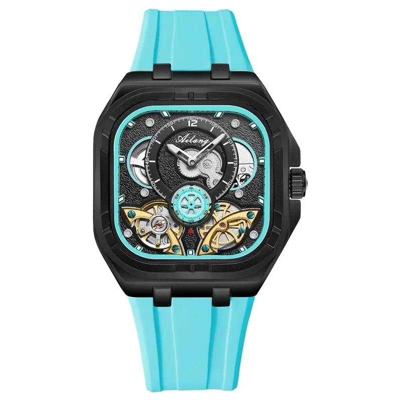 AILANG 8857 Men's Tourbillon Automatic Mechanical Watch Unique Design Sky Blue Dial Waterproof Luxury Wristwatch with Rubber Str