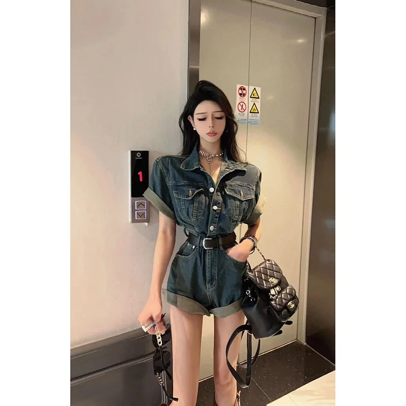 레트로 워크웨어 데님 오버롤 여성 여름 스몰 사이즈 허리 조임 하이웨이스트 슬리밍 쿨 스파이시 와이드 레그 점프수트