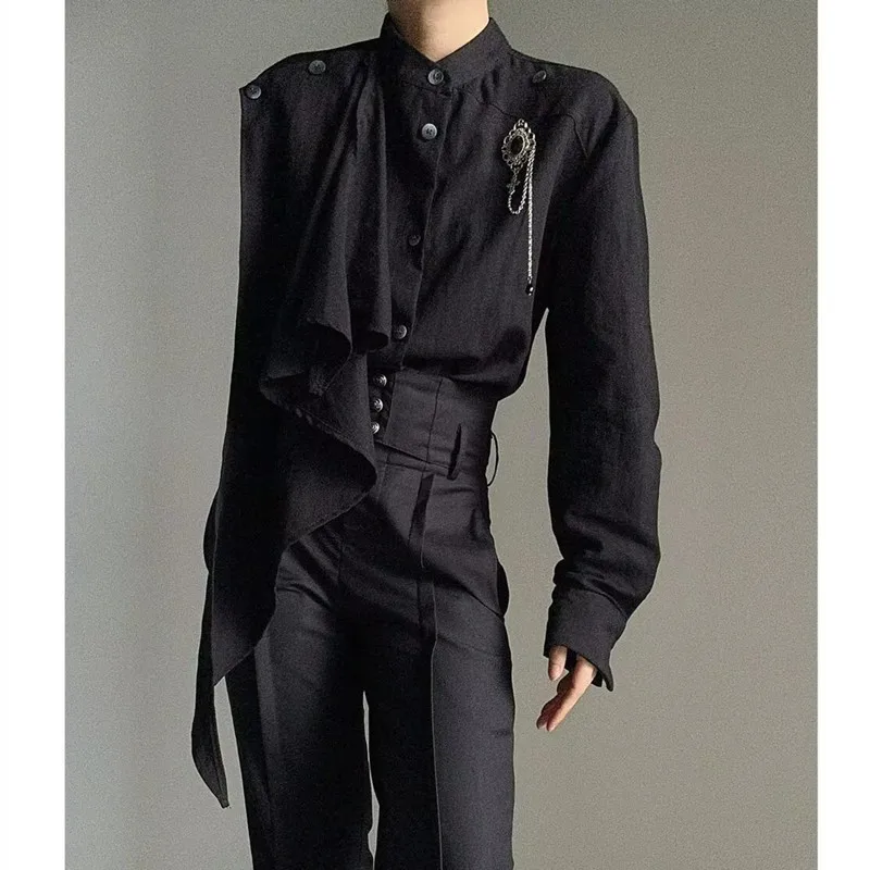 Spring and Autumn New 2026 Shirts Half Turtle Collar Ribbon Scarf Design Niche Long Sleeve Shirts for Men and Women