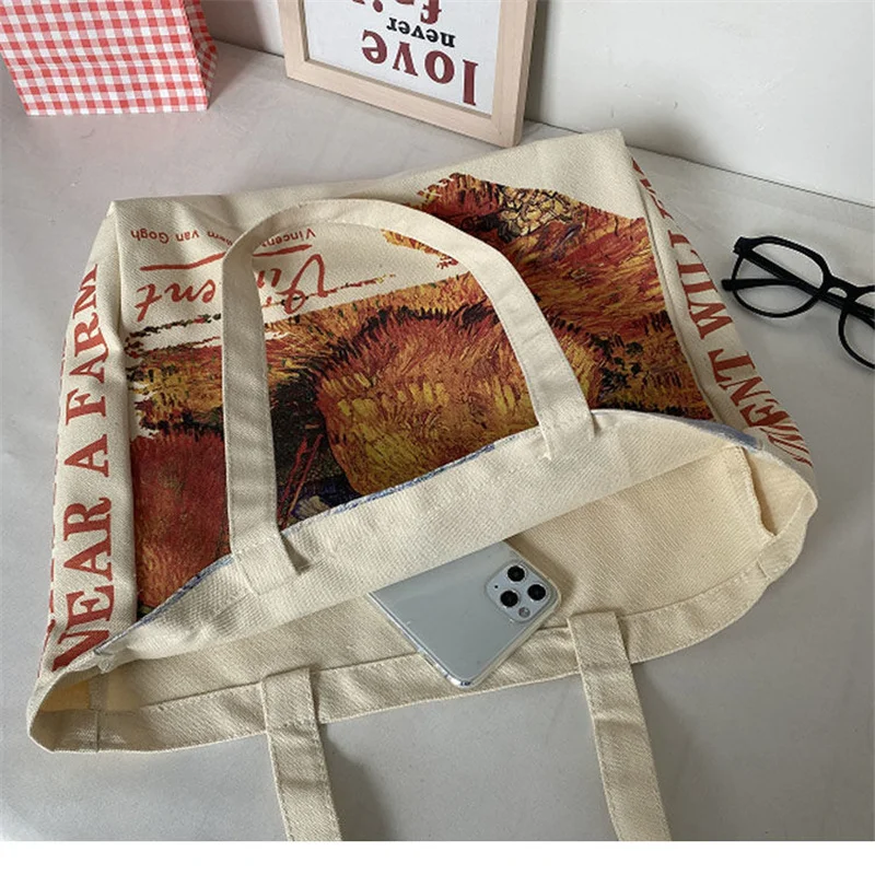 2022 Women Canvas Shoulder Bag Art Oil Painting Ladies Casual Handbag Tote Bag Large Capacity Cotton Reusable Shopping Beach Bag