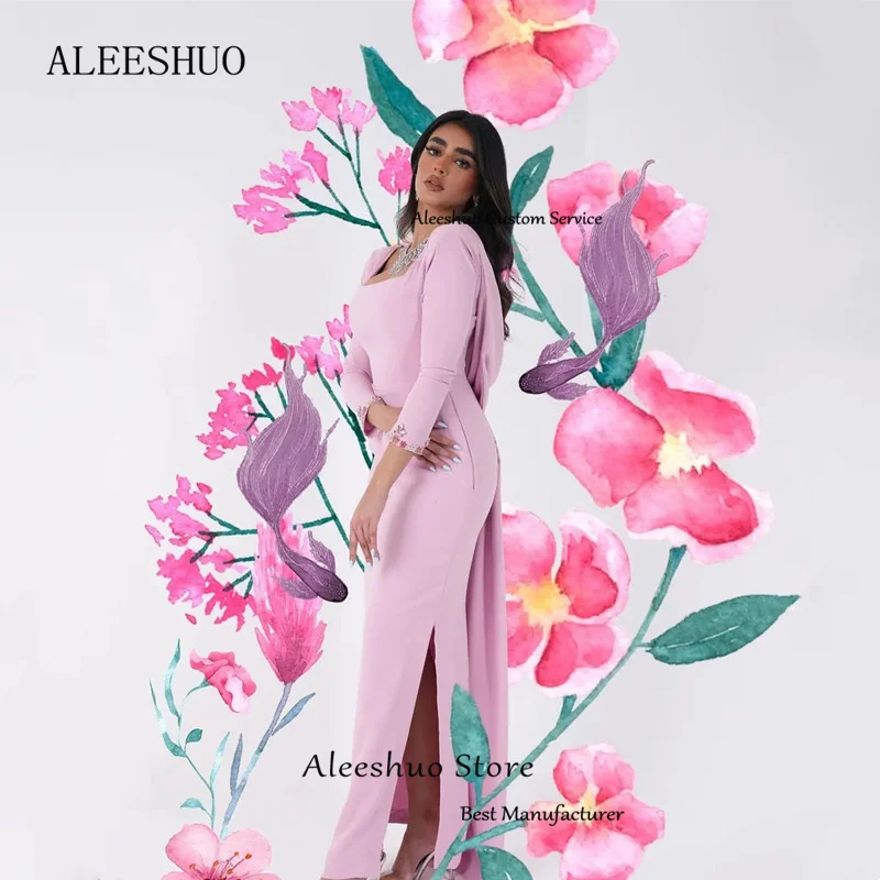 Aleeshuo-Cetim Moderno Vestidos de Baile Longo, Manga Comprida, Colarinho Quadrado, Pregas Sem Encosto Beading, Vestidos De Noite De Cristal, Fenda Lateral Formal