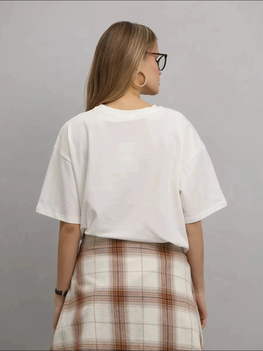 패셔너블한 면 티셔츠 라운드 넥 프린트 레터 캐주얼 루즈 여성용 탑 땀 흡수 여름 출퇴근용