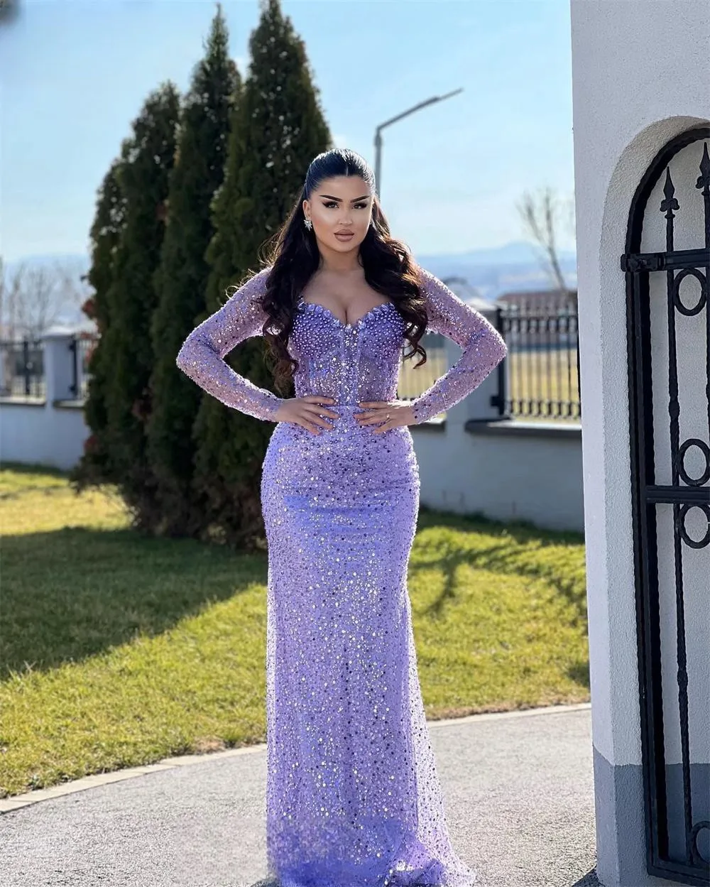 Amanda Purple Sequins Long Sleeve Prom Dress Elegant Shiny Mermaid Vestidos De Fiesta Fishtail فساتين سهرة