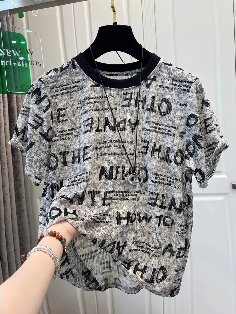 

Lightweight Cool Letter Short Sleeve T-Shirt Women's Loose Slimming Summer High-End Feeling Half Sleeve Shirt plus Size