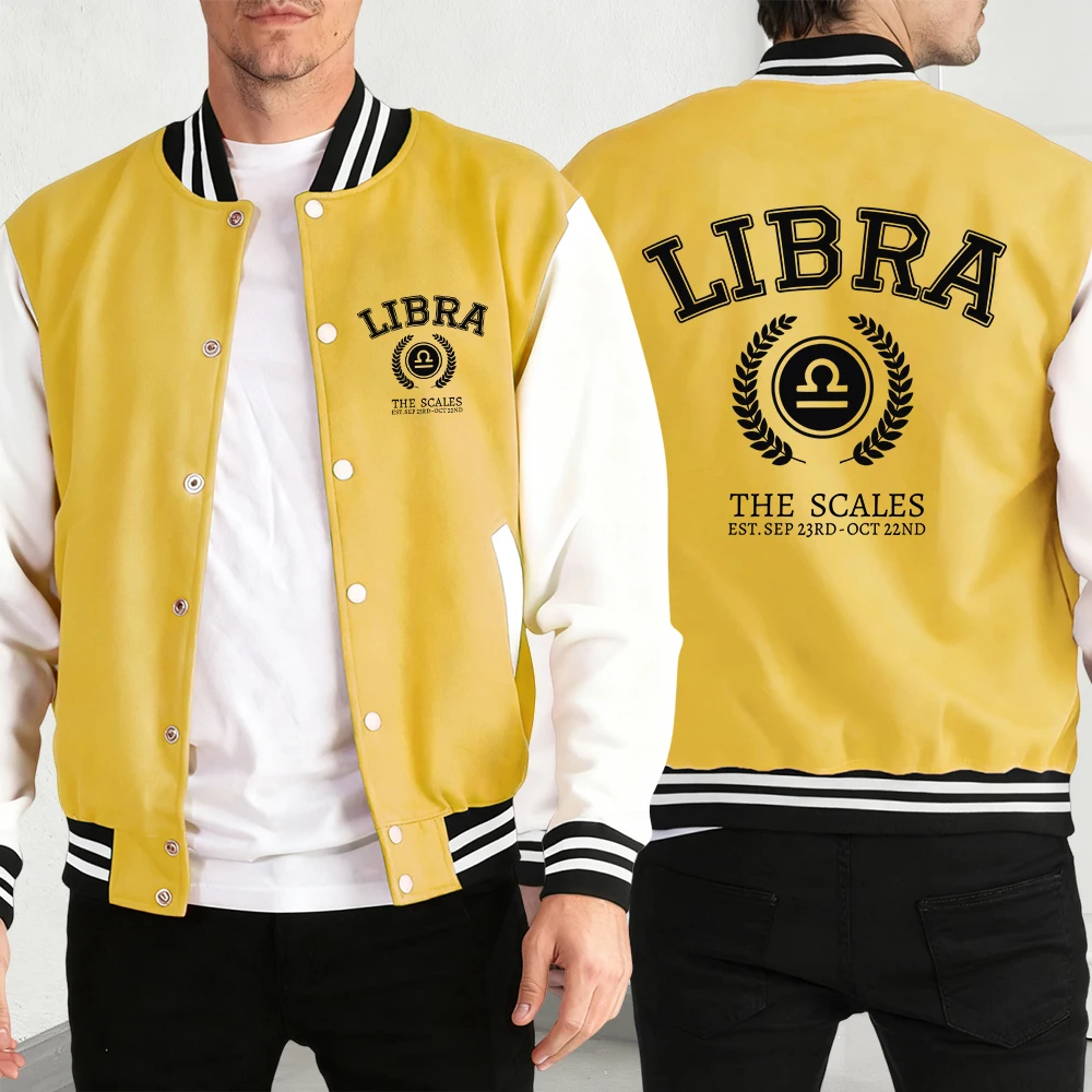 

Libra The Scales Print Male Jacket All-Match Fleece Baseball Jersey Retro Casual Clothes Autumn Warm Loose Mens Fashion Coat