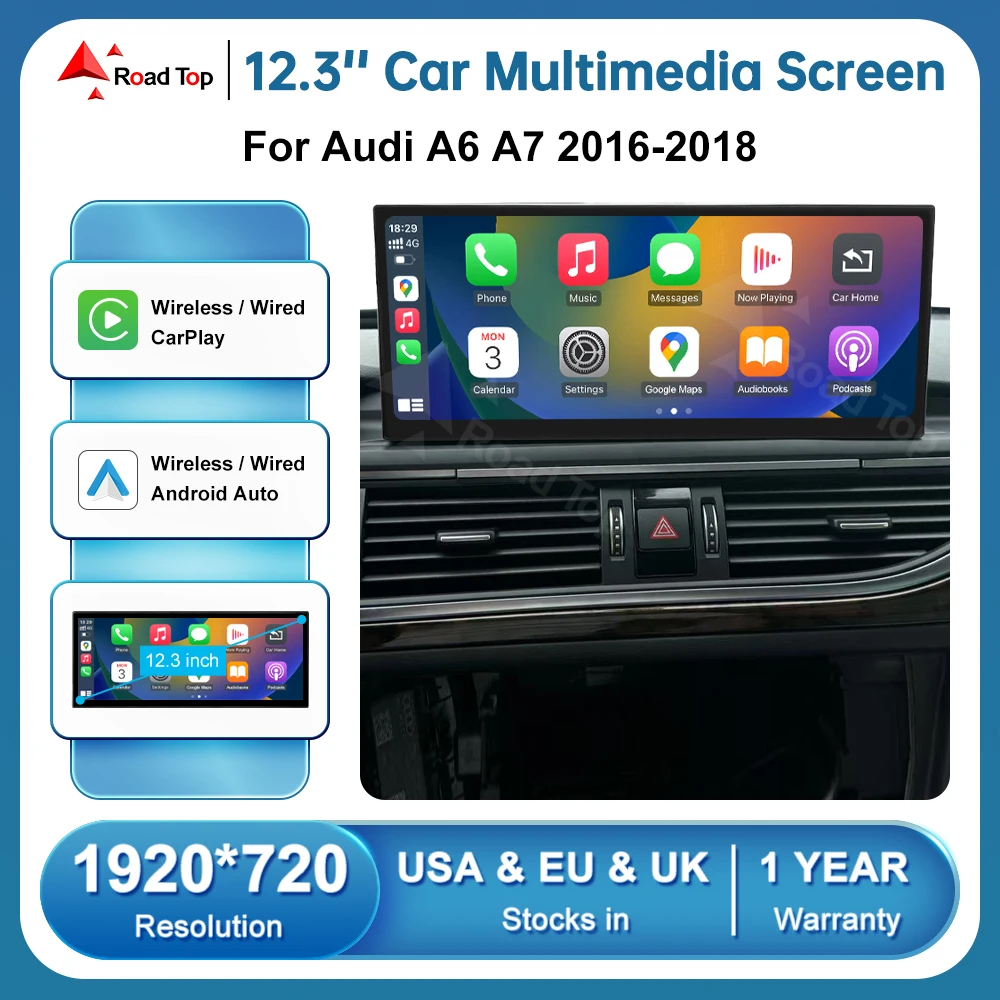 RoadTop Linux Screen Wireless Carplay Car Radio Multimedia Display For Audi A6 A7 2016-2018 With Android Auto Airplay Autolink