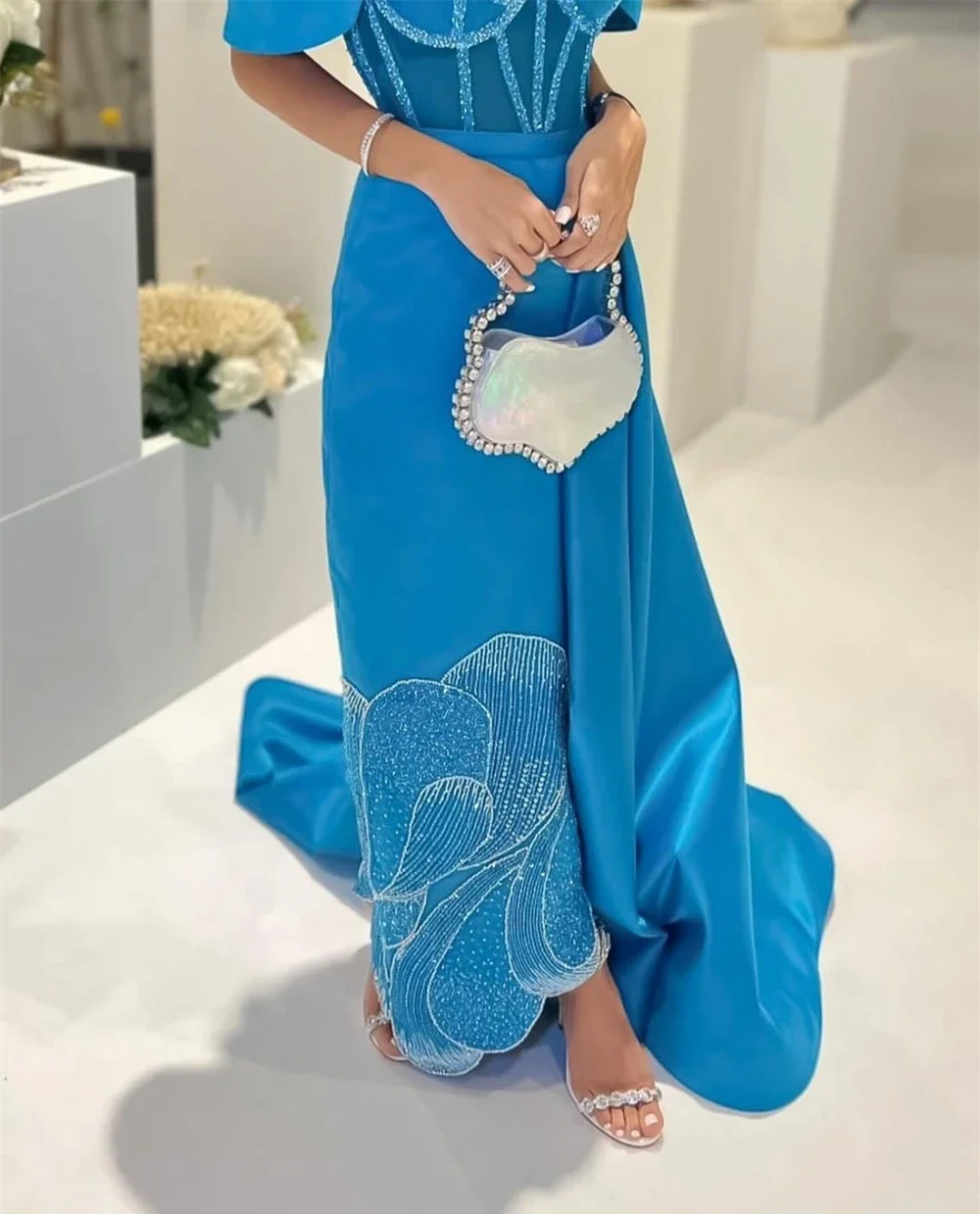 Fashion Eleagnt Sequin Off the Shoulder Sheath Prom Dresses Floor Length Short Sleeve Formal Evening Gowns فساتين حفلات vestidos