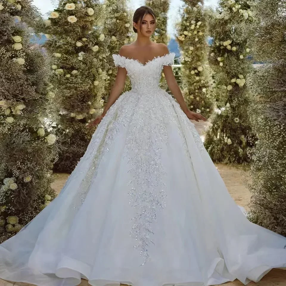 

Customize Ball Gown Princess Wedding Dresses Sweetheart Off The ShoulderLace Sequined Shiny Robe De Mariee Vestido De Novia