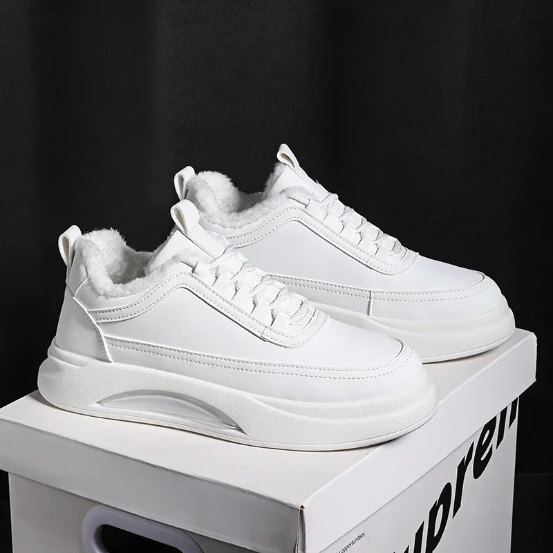 Calçado esportivo masculino vulcanizado, sapato masculino de couro casual branco, sapatos de pelúcia quente, impermeável, moda inverno, além de algodão