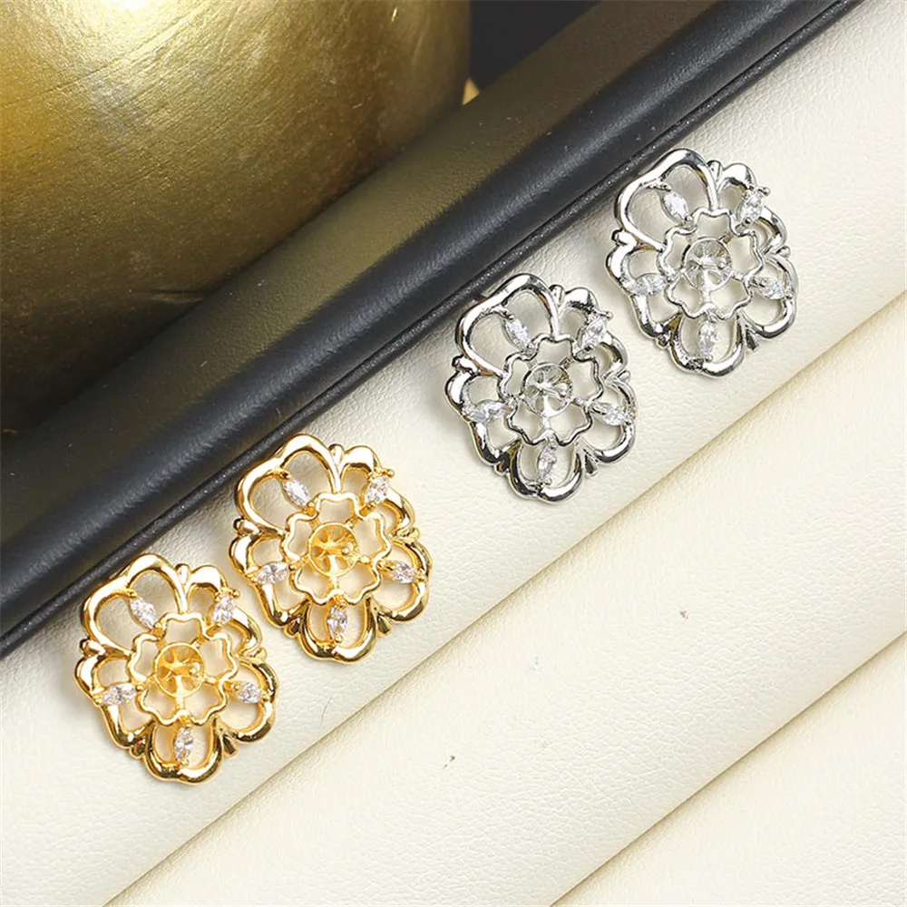 Flower Openwork Stud Earrings Hollow Bracket Copper Injection Gold Zircon Pearl Earrings S925 Silver Needle DIY Accessories Wome