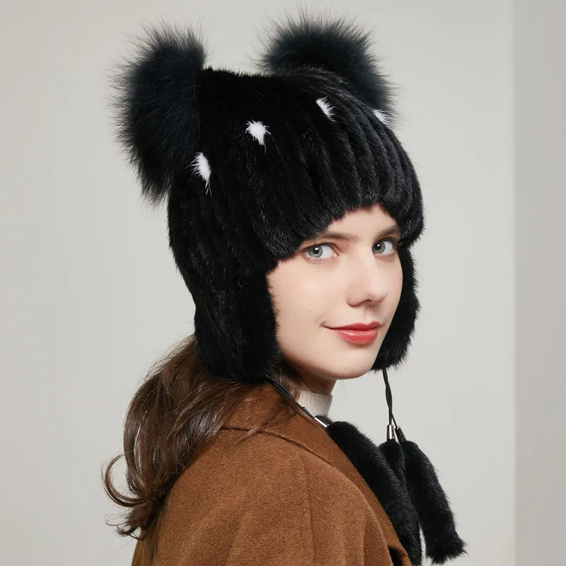 Hot-selling autumn and winter mink fur warm women's hat, thick ear-protecting mink knitted fox fur tassel