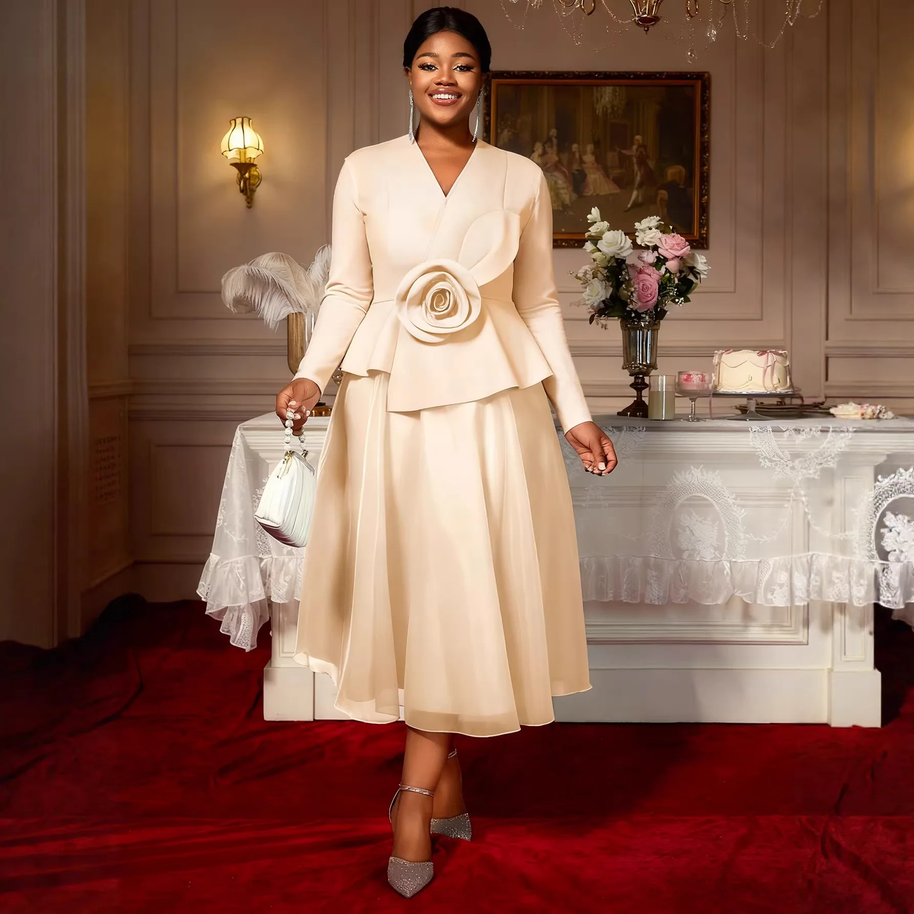 Africa Clothing Women A Line Dress V Neck Long Sleeve 3D Flower Peplum Patchwork Mesh Wedding Guest Church Party Outfit Autumn