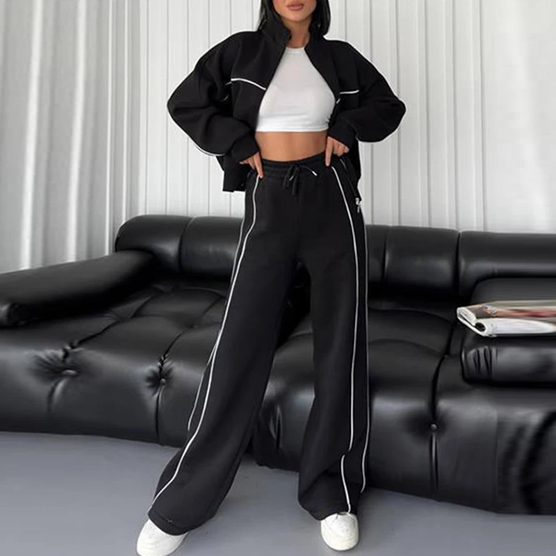 Women Fashion Elastic Waist Lace-up Solid Sport Outfits Casual Long Sleeve Loose 2Pc Set Elegant Zip Sweatshirt & Long Pant Suit