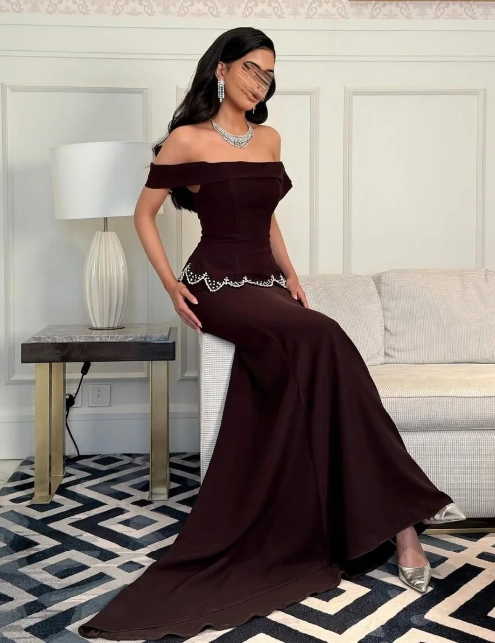 Customized Simple Jersey Pleat Sequined Trumpet Off-the-shoulder Long Bespoke Occasion Prom Dresses High Quality