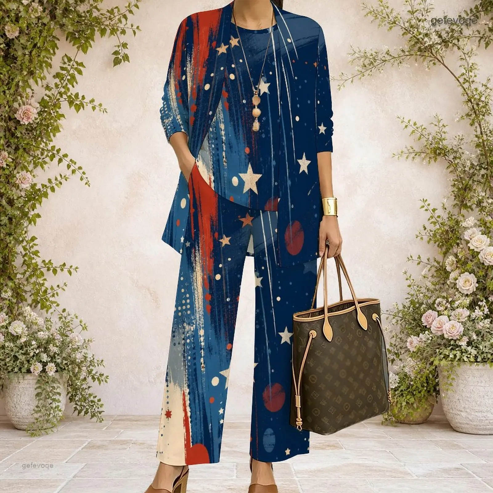 Women 3 Piece Outfit Mid Sleeve Open Cardigan With Tank Top And Wide Leg Pants Set Custom Print Ladies Casual Loungewear