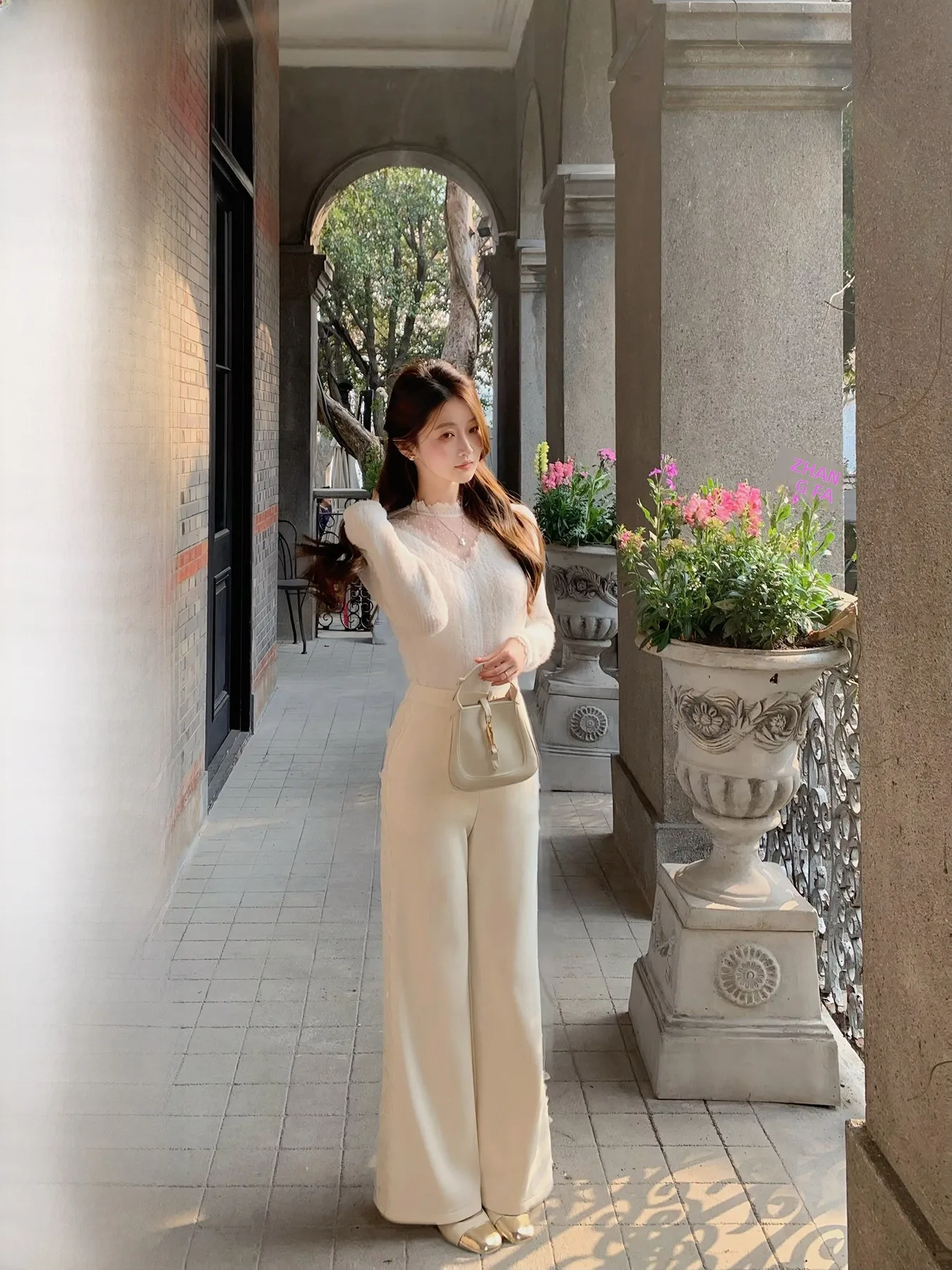 

Thickened Fleece Wide Leg Pants Women's Casual Trousers Lace Trim High Waist Cotton Polyester Blend Korean Style Winter Pants