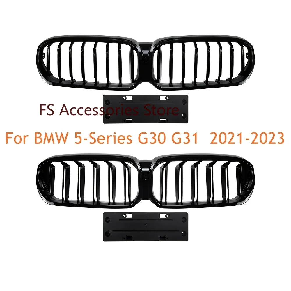 

Glossy Black Front Bumper Grilles For BMW 5-Series G30/G31 2021 2022 2023 530i 540i Front Upper Grilles With license plate frame