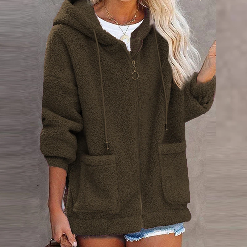 Autumn Winter Warm Jacket Women Casual Hoodies Coats Long Sleeve Outwears Solid Pocket Zipper Plush Coats